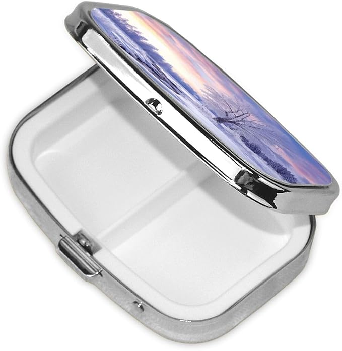 Square Pill Box 2 Compartment Medicine Pill Case Winter Landscape Pill Box for Purse Pocket Waterproof Metal Pill Container Portable Pill Holder Mini Pill Organizer for Travel or Daily