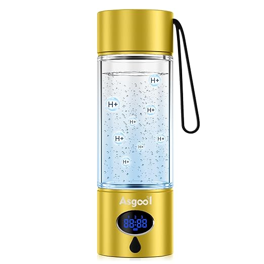 Hydrogen Water Bottle - 5000 PPB in 8 Minutes, Cyclic Mode for 8 Hours, Self Clean, Aluminum & Glass, for Travel Sports Office Home, Gift for Father Mom Family Friends Clients(Gold, 12Oz)