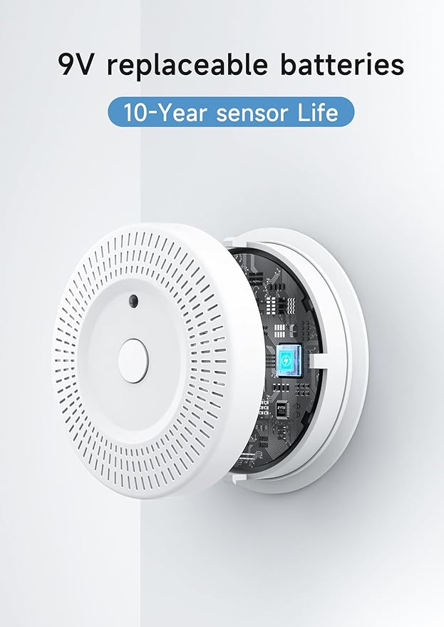 Smoke Detector, ‎Lecoolife, ‎9V Battery Operated Smoke Alarm with LED Indicator, Silence Button, Battery Powered, White, 4 Pack