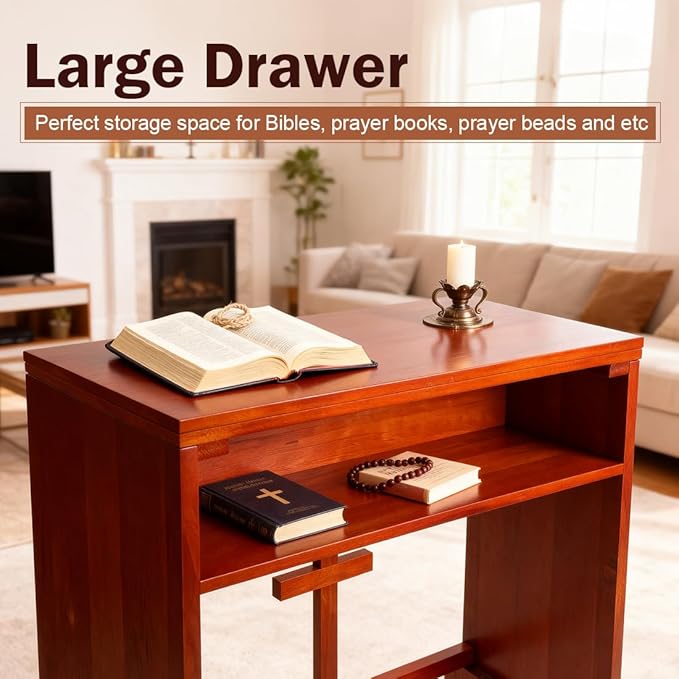 Wooden Prayer Kneeler with Storage Shelf & Cushion - Folding Prayer Bench for Home and Church, Comfortable Kneeling Devotional Pew Bench, 32" H x 22" W