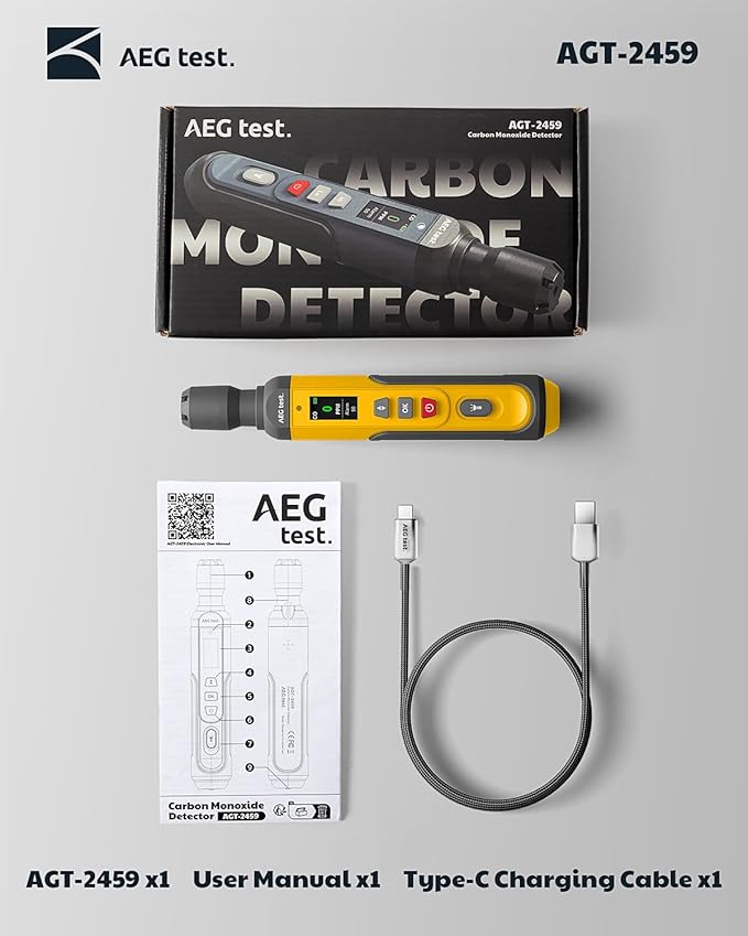 AGT-2459 Portable Carbon Monoxide Detector – Rechargeable, 0~1000PPM CO Detection with Visual & Audible Alarms, TFT Color Display for Home, Travel, Industrial, and Mobile Use – Yellow