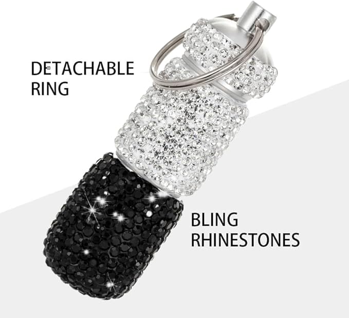 Bling Pill Case Portable Travel Pill Container Bottle Rhinestone Waterproof Small Pill Holder with Keychain Cute Mini Pill Storage Box (White Black)