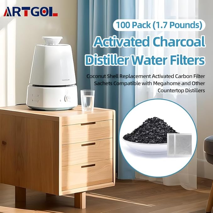 100 Pack (1.7 Pounds) Activated Charcoal Distiller Water Filters, Coconut Shell Replacement Activated Carbon Filter Sachets Compatible with Megahome and Other Countertop Distillers