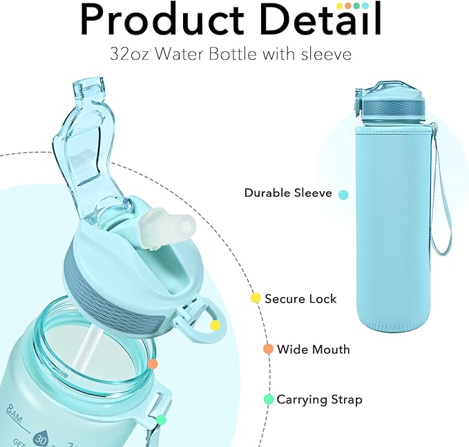 Water Bottle with Straw, Motivational 32 oz Water Bottles with Time Marker & No Sweat Sleeve, BPA Free Leak Proof Gym Bottle with Times to Drink