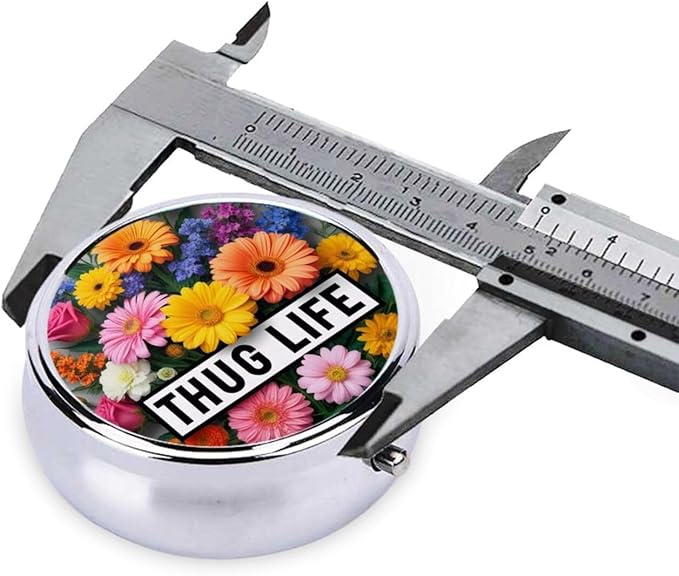 Thug Life Flowers Printed Pill Organizer,Round Travel Pill Organizer Mini Medicine Pill Box for Purse Iron Plating