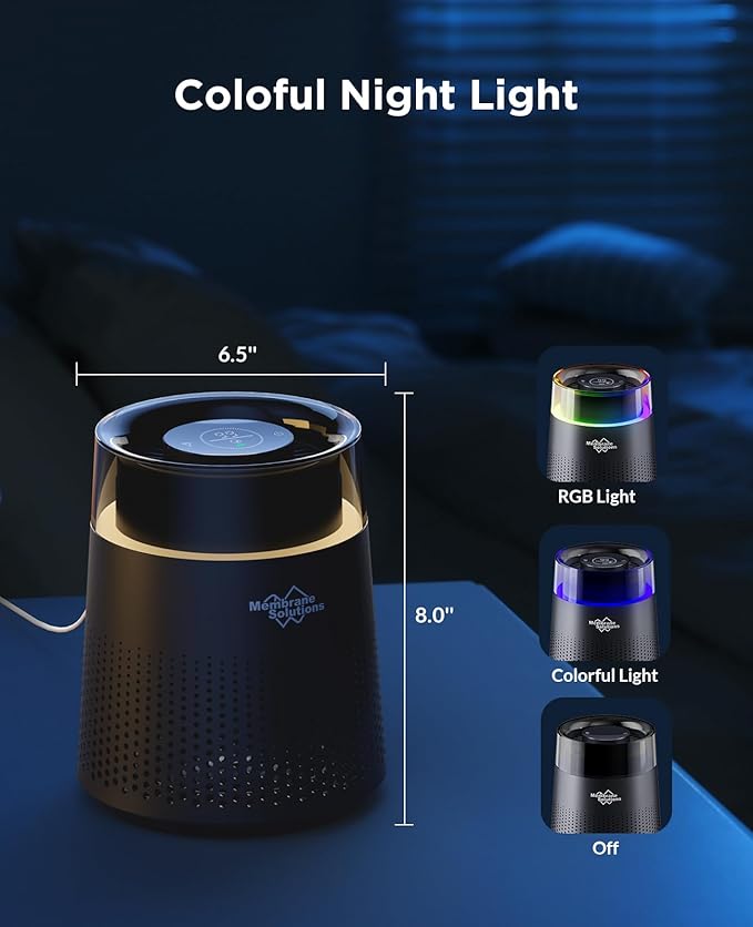 MSB5 Air Purifiers for Bedroom, H13 True HEPA Air Purifier for Home Room Office, 20dB Quiet Air Cleaner with Sleep Mode Colorful Night Light for Pets Dander Pollen (Black)