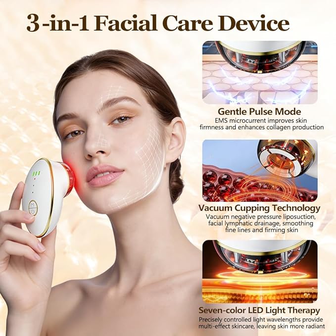 Facial Cupping Set for Face, 3 in 1 Microcurrent Facial Device, 7 Color LED Lymphatic Drainage Massager for Face Skin Tightening & Depuffing, Double Chin Reducer