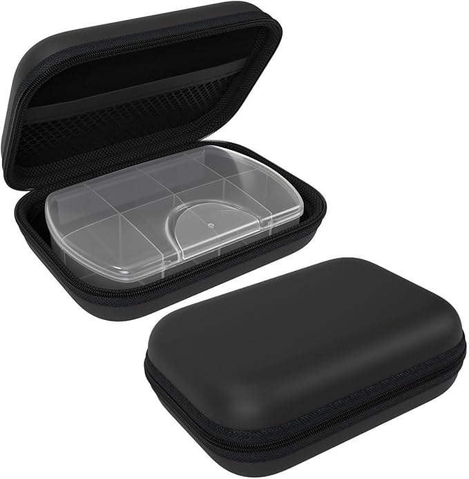 EZY DOSE Hard Sided Pocket Pharmacy Pill Case, Features Zippered Pouch, Easy to Use Design, Portable and Perfect for Daily Usage, 8-Comparments, BPA Free, Black