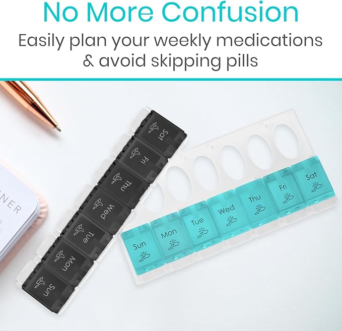 Vive Pill Organizer 2 Times a Day - Weekly Large Am Pm Pill Box 7 Day - Day and Night Medication Dispenser for Vitamin, Supplements, Fish Oil - Travel Pill Case Arthritis Friendly with Push Button