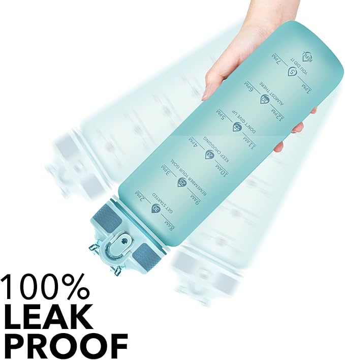 Water Bottle with Straw, Motivational 32 oz Water Bottles with Time Marker & No Sweat Sleeve, BPA Free Leak Proof Gym Bottle with Times to Drink