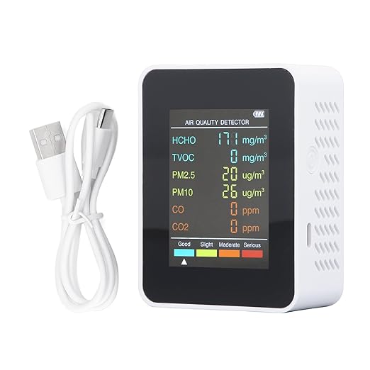 CO2 Monitor, Indoor Air Quality Meters Portable Carbon Dioxide Detector, LCD Backlight Screen CO2 TVOC HCHO PM2.5 PM10 Tester with Alarm Clock, for Home, RV, Grow Tents (White)