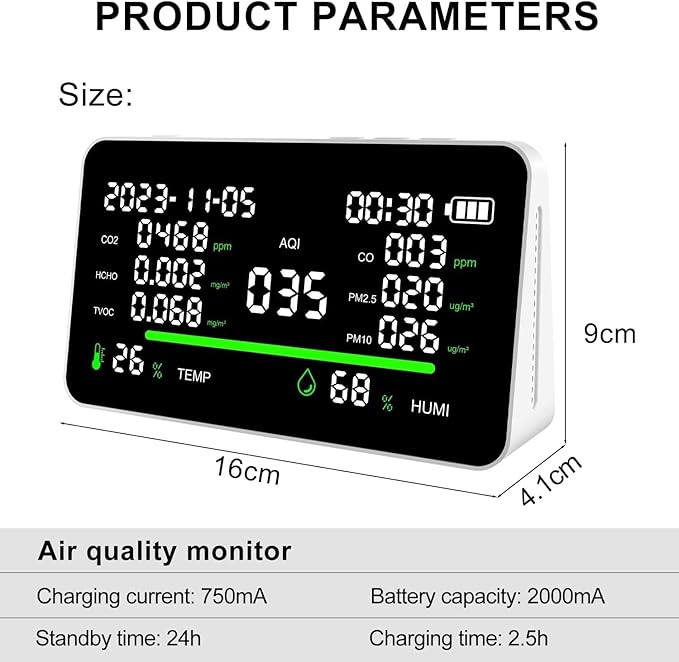 11-in-1 Air Quality Monitor, Indoor CO2/VOC/AQI/PM2.5/Thermometer/Humidity Monitor, Portable Smart Air Quality Meters, Air Quality Tester for Home Office Outdoor, Battery Powered (White)