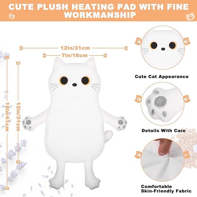 Microwave Heating Pad for Cramps Pain Relief, 16 * 12'' Moist Microwavable Period Menstrual Heating Pads for Cramps, Back, Neck Shoulder and Knee, Cute Stuffed Animal Heating Pad - White Cat