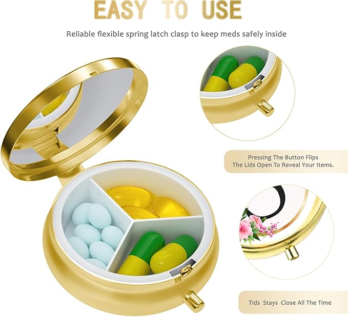Small Pill Box for Purse Pocket, Personalized Small Pill Case 3 Compartment, Monogrammed Cute Pill Organizer, Gift for Women Teen Girls, Travel Mini Jewelry Box,Earring Holder Organizer