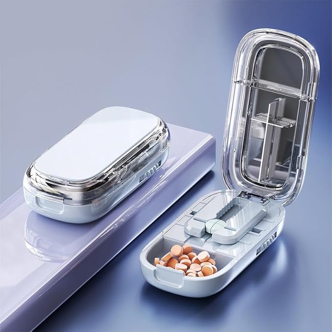 Pill Cutter Splitter for Small and Tiny Pills, Accurate Multi-Pill Splitter Tablet Cutter Pill Organizer with Centering Guide & Double Safety Blades to Cut 1/2&1/4 (Blue)