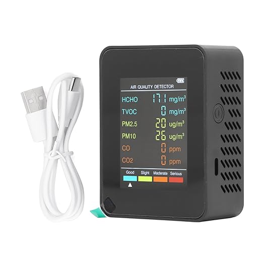 CO2 Monitor, Indoor Air Quality Meters Portable Carbon Dioxide Detector, LCD Backlight Screen CO2 TVOC HCHO PM2.5 PM10 Tester with Alarm Clock, for Home, RV, Grow Tents (Black)
