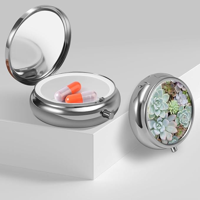 Mini Pill Box, Small Pill Box, Portable Pill Box, Cute Pill Organizer for Vitamins, Medications, Fish Oil and Supplements (Succulent)