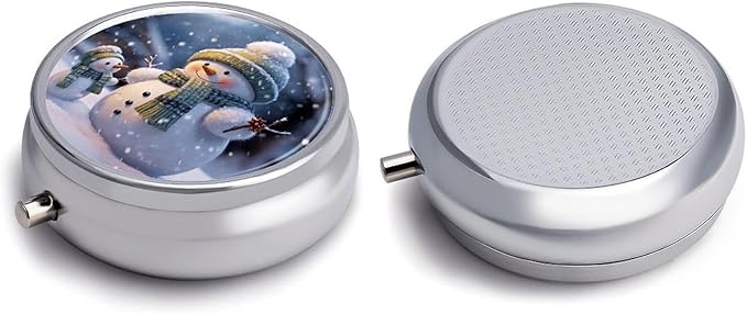 Winter Snowman Pill Case 3 Compartment Portable Pill Box Daily Round Pill Organizer for Pocket Purse Daily Medicine Container to Hold Vitamins Fish Oil Travel Gifts