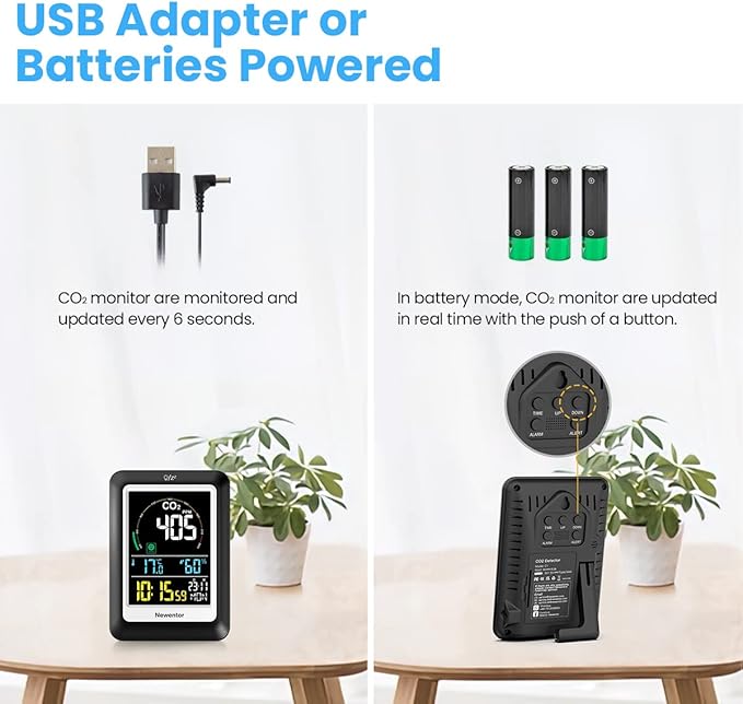 Newentor CO2 Detector with Indoor Temperature Humidity, CO2 Monitor with Clock Alarm, Carbon Dioxide Detector for Home, Portable Air Quality Monitor CO2 Meter Sensor for Tent Garden Plant, Black