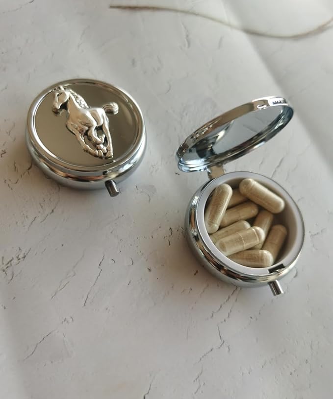 Medicine Pill Organizer Travel Pill Case - Small Pill Box for Purse, Mini Pocket Pill Case for Men, Cute Daily Pill Organizer Weekly Vitamin Pill Holder Round Metal Pill Box (Horse)