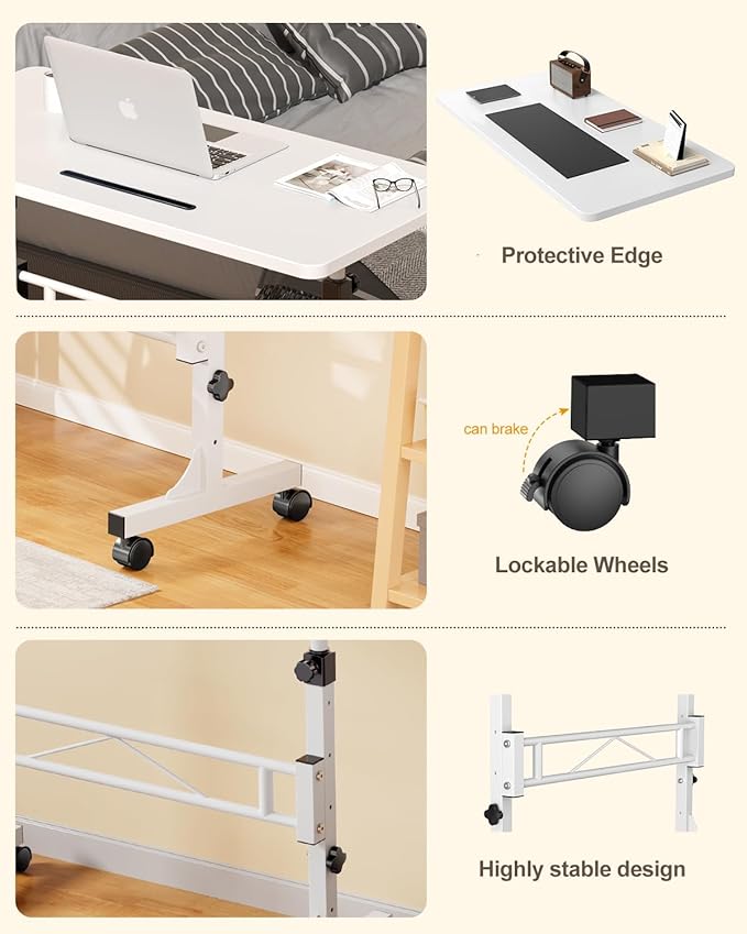 Small Standing Desk Adjustable Height, Mobile Stand Up Desk with Wheels, 32 Inch Portable Rolling Desks Conference Room Tables for Walking Pad Treadmill Pure White