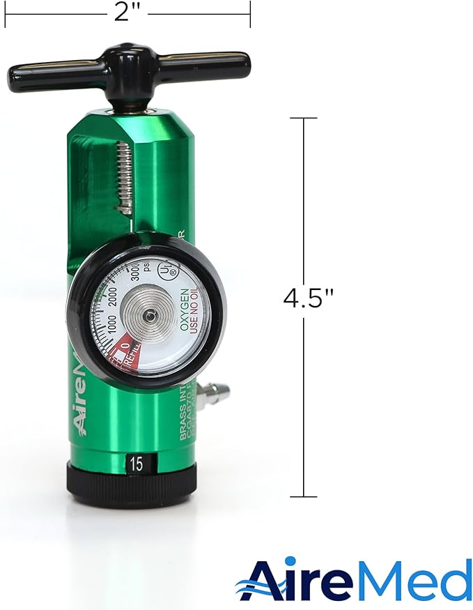 AireMed Oxygen Regulator 0-15LPM, CGA-870 Gauge Flow Rate – Includes Wrench Key, 5 Brass Yoke Washer Seals, and 2 Oxygen Tubing Swivel Connectors - Ergonomic Handle Design – Green