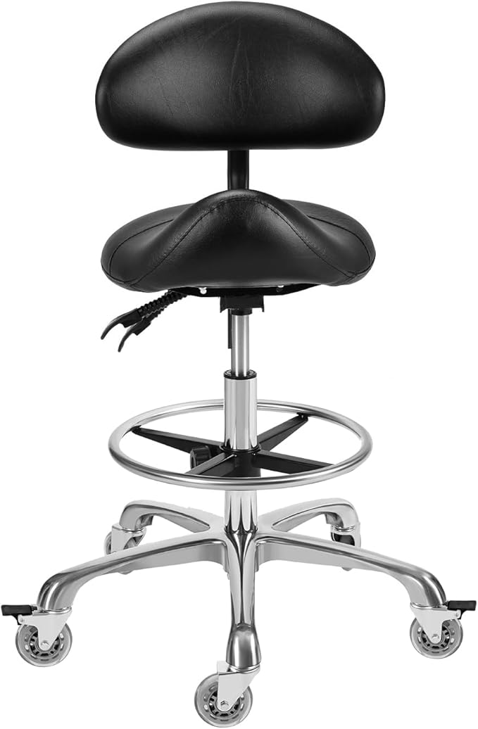 Saddle Stool Chair with Backrest and Footrest- Ergonomic Rolling Saddle Stools Hydraulic Swivel Adjustable Stool Esthetician Chair for Massage Beauty Salon Tattoo Dentist Clinic Home Office (Black)