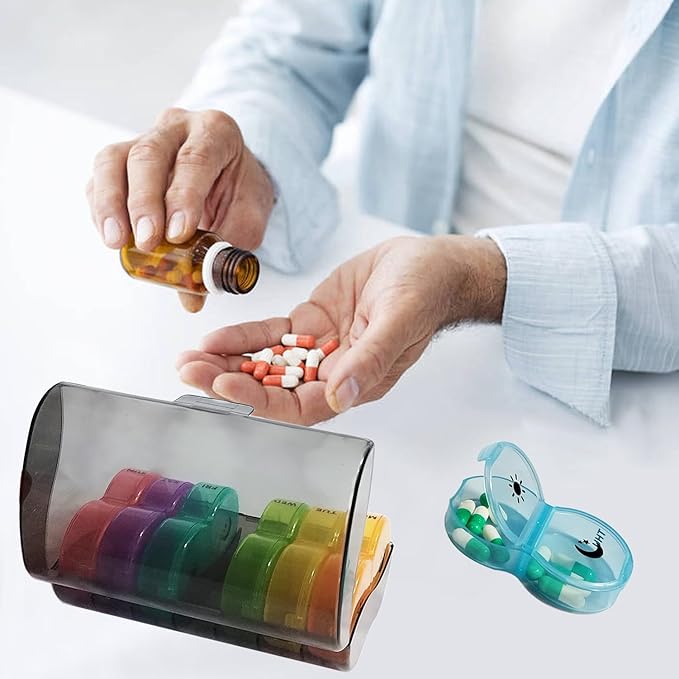 Weekly Pill Organizer 2 Time a Day，Pill Dispensers， Pill Box 7 Day with One-Side Large Opening Design for Easy Filling ，2 Times a Day AM/PM Pill Case, for Vitamins/Fish Oils (Black Color)