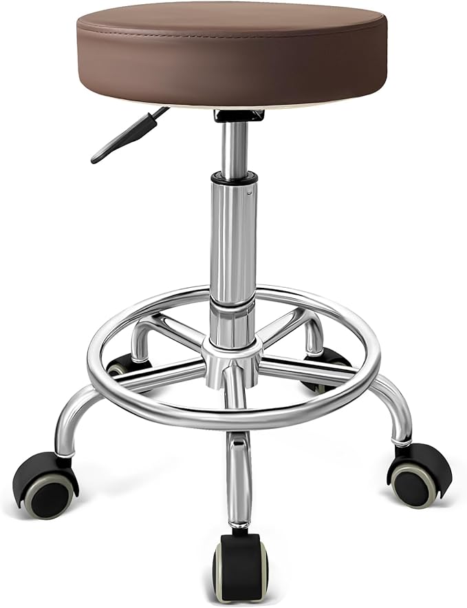 PU Leather Rolling Stool with Foot Rest Round Height Adjustment Swivel Spa Drafting Salon Tattoo Work Office Massage Vanity Stools Task Chair (Brown)