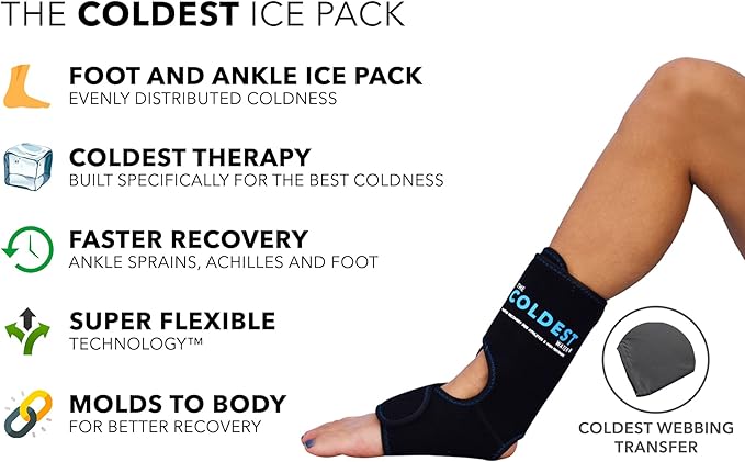 Coldest Foot Ankle Achilles Pain Relief Ice Wrap with 2 Cold Gel Packs | Best for Achilles Tendon Injuries, Plantar Fasciitis, Bursitis & Sore Feet Built for Cold Therapy (2-Pack)