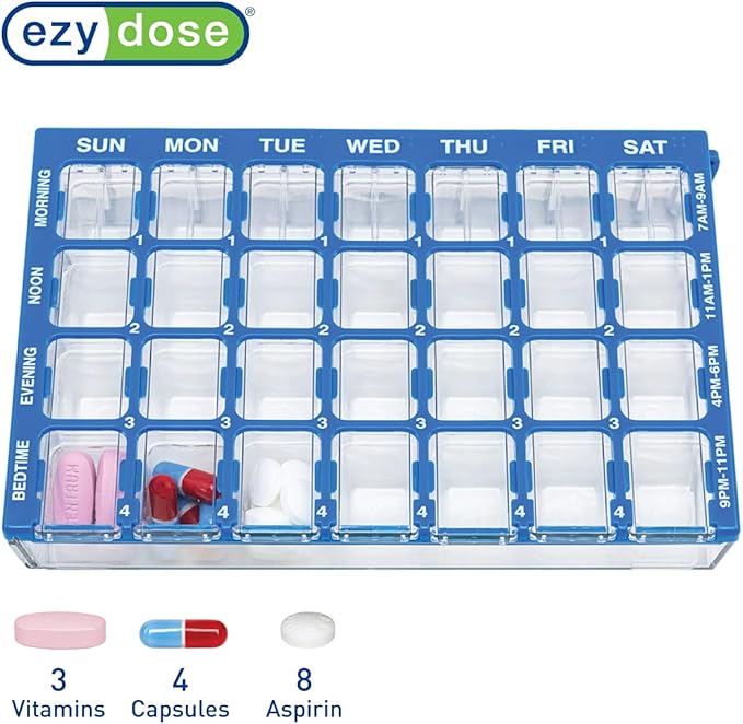 EZY DOSE Weekly AM/PM (7-Day) Daily Pharmadose Pill Planner, Medicine Case, Vitamin and Supplement Organizer, Small Easy Fill Compartments, 4 Times a Day, 28 Compartments, Blue, BPA Free