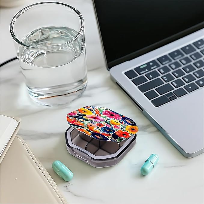 This Portable Bohemian Style Flower Pattern 4 Compartment Pill Box Can Be Placed in A Pocket Or Wallet to Store Vitamins, Medicines Health Supplements Other Medications.