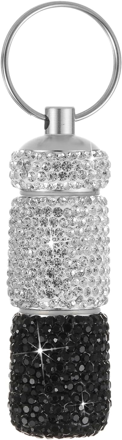 Bling Pill Case Portable Travel Pill Container Bottle Rhinestone Waterproof Small Pill Holder with Keychain Cute Mini Pill Storage Box for Outdoor Camping Case (White-Black)