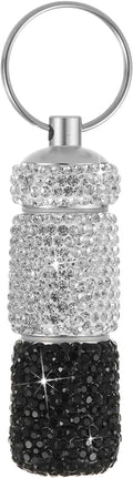 Bling Pill Case Portable Travel Pill Container Bottle Rhinestone Waterproof Small Pill Holder with Keychain Cute Mini Pill Storage Box for Outdoor Camping Case (White-Black)