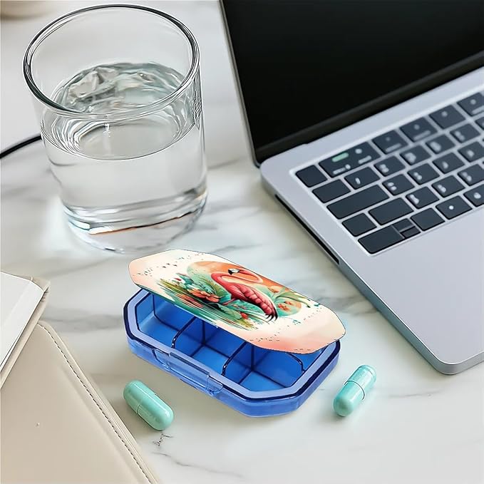 This Portable Flamingo Flower Pattern 6 Compartment Pill Box Can Be Placed in A Pocket Or Wallet to Store Vitamins, Medicines Health Supplements Other Medications.