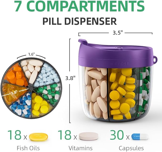 PULIV Portable Pill Dispenser Bottle, Vitamin Organizer with 7 Compartments, Holds Plenty of Supplements with Anti-Mixing & Wide Openings Design, Easy to Retrieve Meds, Includes 20 Labels Dark Purple