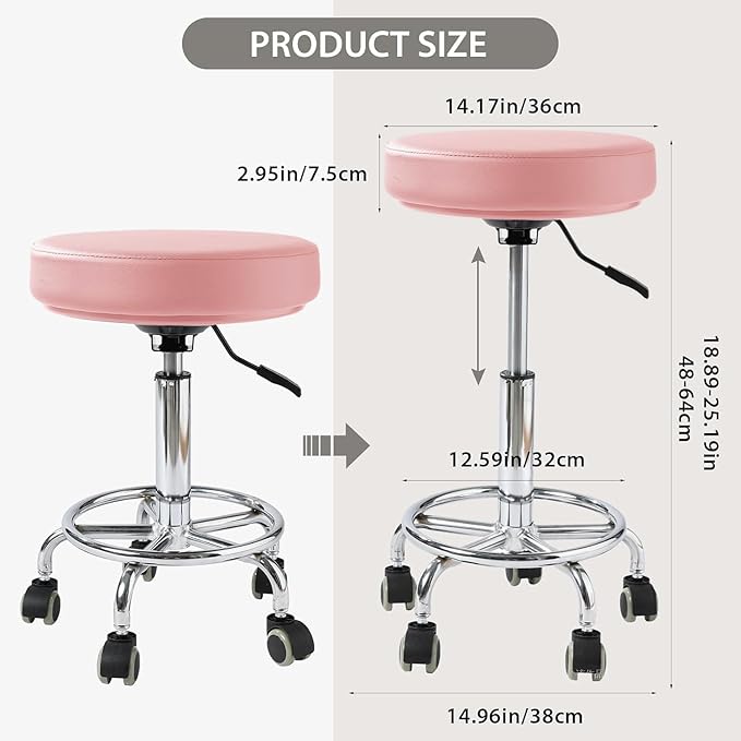 Adjustable Rolling Stool with Wheels - Ergonomic Salon & Tattoo Artist Chair, Office Stool with Comfortable PU Leather Seat,Pink