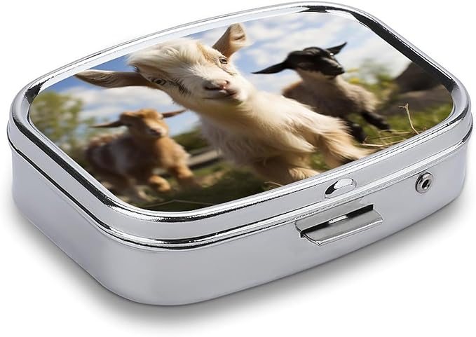 Cute Goat Pill Box 2 Compartment Portable Pill Case Daily Square Pill Organizer for Pocket Purse Daily Medicine Container to Hold Vitamins Fish Oil Travel Gifts