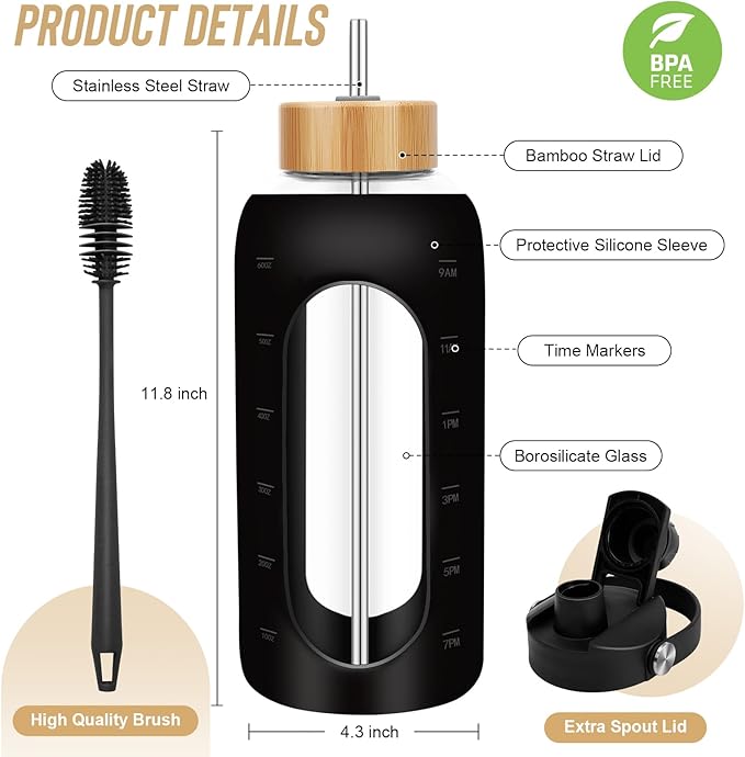Glass Water Bottles 64 oz - Half Gallon Large Motivational Daily Water Intake Bottle Time Marker - Glass Water Bottle With Straw, Silicone Sleeve 2 Lids, Handle Spout & Bamboo Lid(Black)