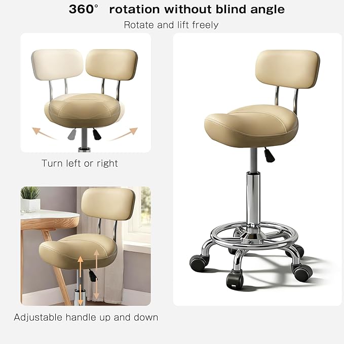 Saddle Stool with Ring Pedal and Back, Adjustable Hydraulic Rolling Chair with Wheels for Medical, Massage, Salon, Spa, Kitchen, and Drafting Use
