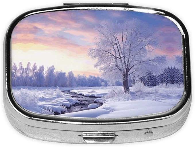 Square Pill Box 2 Compartment Medicine Pill Case Winter Landscape Pill Box for Purse Pocket Waterproof Metal Pill Container Portable Pill Holder Mini Pill Organizer for Travel or Daily