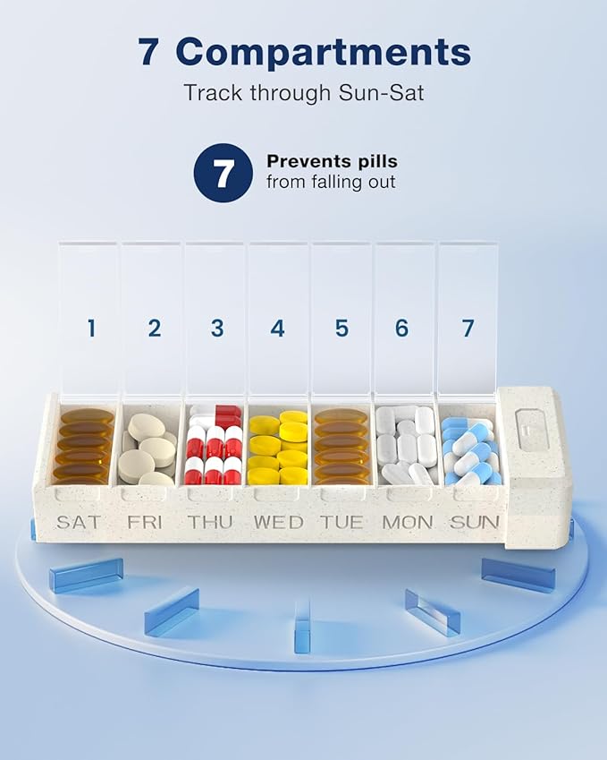 HEIYING Pill Organizer with Aluminum Shell for One Week Capacity, Portable 7 Compartments Pill Box Container to Hold Vitamin, Medicine, Supplements