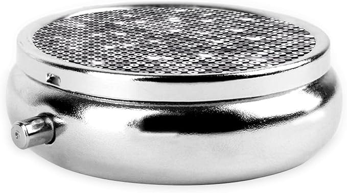 Silver Sequin Sparkle Pattern Printed Round Travel Pill Box Cute Small Metal Pocket Pill Case for Men & Women 3 Compartment Portable Pill Organizer for Purse or Pocket