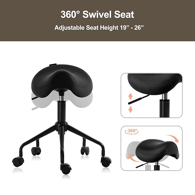 Adjustable Height Hydraulic Rolling Swivel Stool Chair with Metal Base and Faux Leather Cushion for Salon, Medical, Office and Home, 503 Kai Series - Saddle Seat, Black