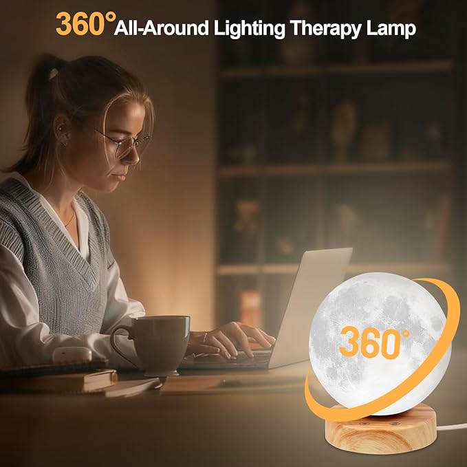 Light Therapy Lamp - 10000 Lux Full Spectrum Sun Lamp, 3 Color Temperatures & 670nm Red Light, Touch/Remote Control, Stepless Dimming, USB Phone Charging, Moon Sunlight Lamp for Home Office