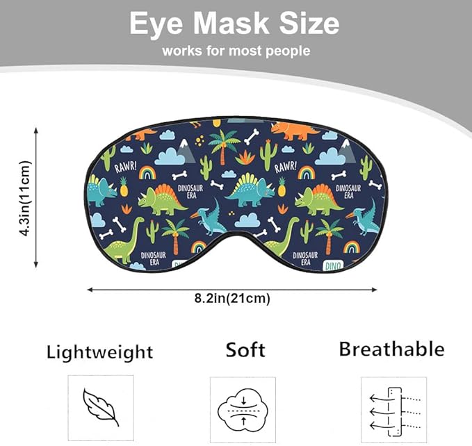 Cartoon Dinosaur Eye Mask Sleeping Mask Cute Animal Rainbow Tree Bones Blue Green Sleep Masks Silky Soft Eye Cover for Women Men Shading Blindfold for Air Travel Sleeping