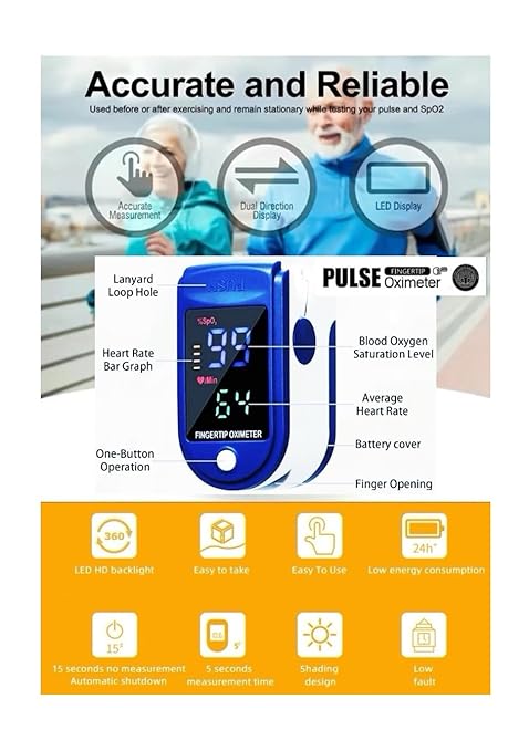 Finger Pulse Oximeter Larger Display Blood Oxygen Monitor with Batteries and Lanyard Included Fingertip Pulse Oximeter Color: Navy Blue