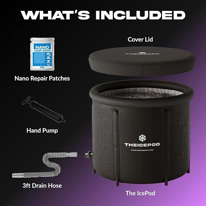 The Pod Company – The Original Ice Pod 84-Gallon Ice Bath Bundle – Portable Cold Plunge Tub with Insulated Lid, Thermometer, Water Stabilizer, 12 Ice Bricks & Cleaning Kit for Recovery & Wellness