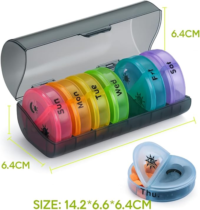 VIGOR PATH 7-Day Pill Organizer with Two Compartments Per Day, Ideal for Pills/Vitamins/Fish Oil/Supplements Storage, BPA-Free and Easy to Clean (Black - Colorful)