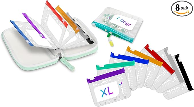 Water-Proof Pill Pouch Set， Large Pill Organizer, Pill Loose-Leaf Storage with Color-Coded Medicine Pouches,BPA Free, Reusable Travel Medicine Organizer， Zippered Pill Organizers Weekly